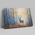 Framed canvas print of a majestic stag in a sunlit, impressionistic autumn forest