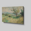 Framed canvas print of a watercolour countryside landscape with vibrant greens and soft skies