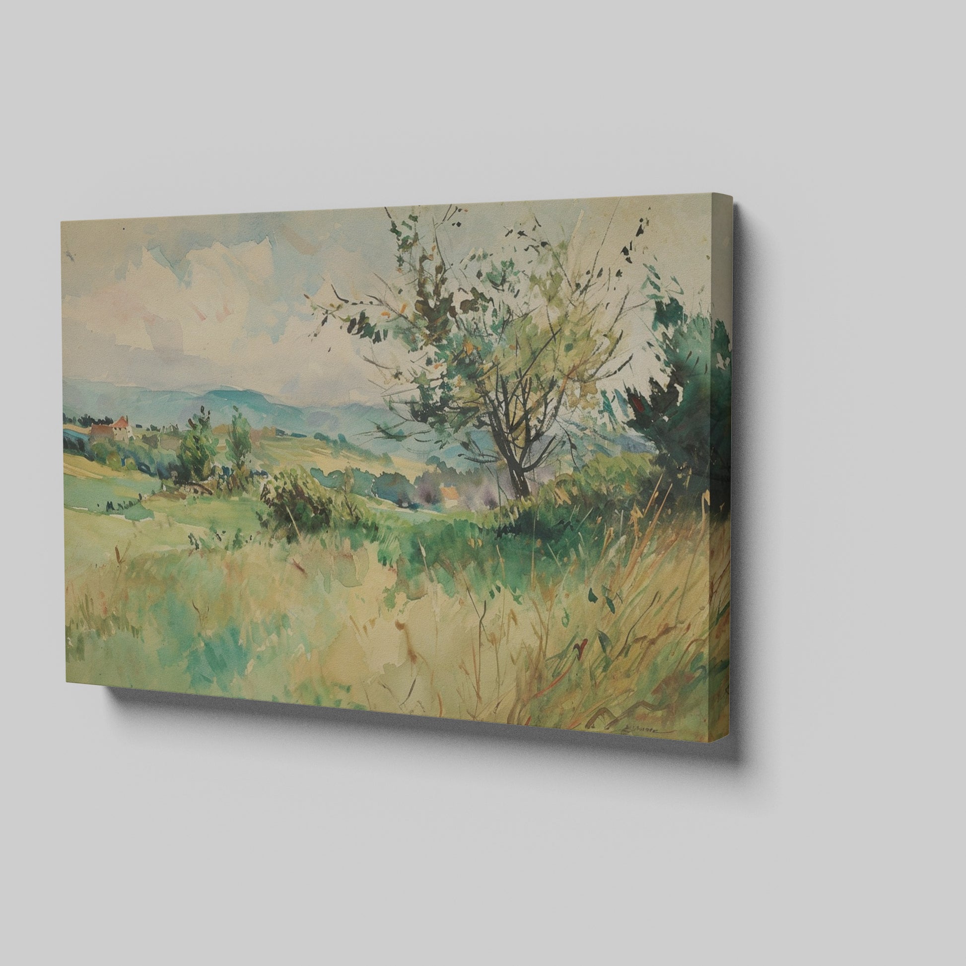 Framed canvas print of a watercolour countryside landscape with vibrant greens and soft skies