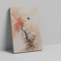 Abstract watercolor painting of a tree with red highlights and a bird in flight on a beige background