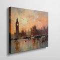 Framed canvas print of an impressionist painting featuring the London skyline with Big Ben at sunset