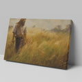 Framed canvas print of a man walking through a golden wheat field during sunset with a rustic feel