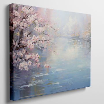 Framed canvas print of a serene impressionist painting with cherry blossoms and river reflections