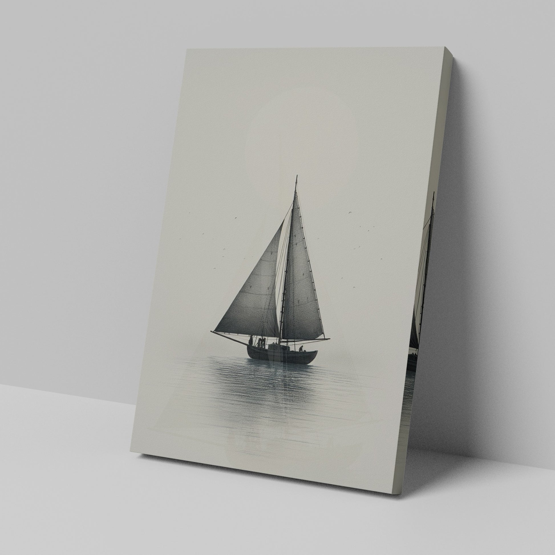 Framed canvas print of a vintage sailboat on a calm sea in monochrome