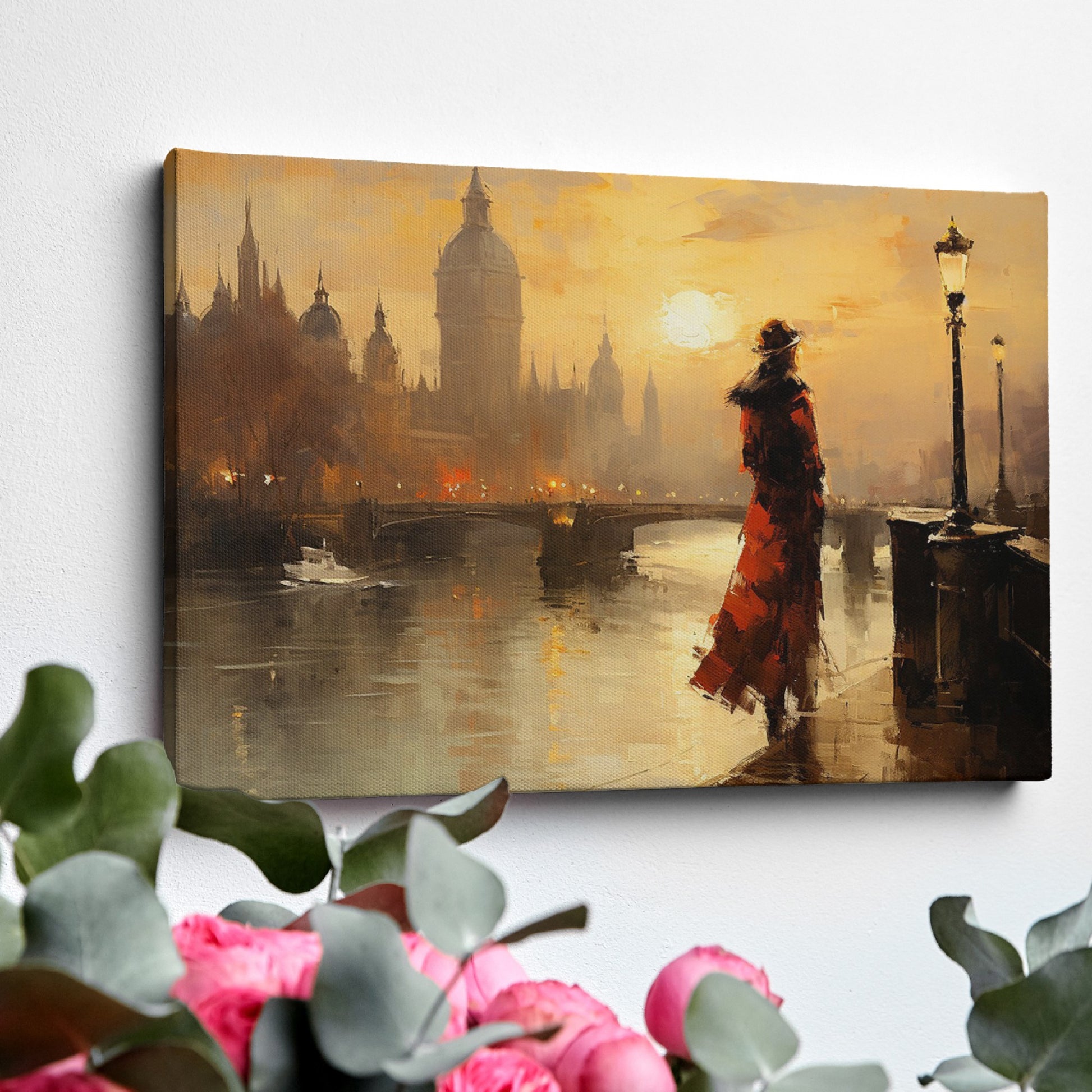 Framed canvas print of a vintage-style sunset over London's Thames, with elegant silhouette and warm colour palette