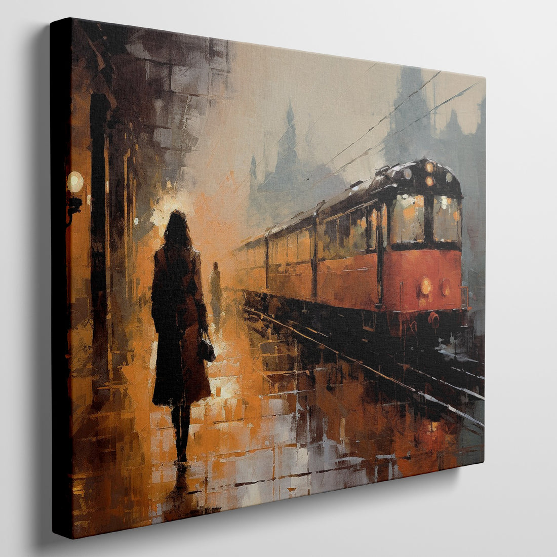 Framed canvas print of an abstract evening train station scene with golden hues and a glowing train