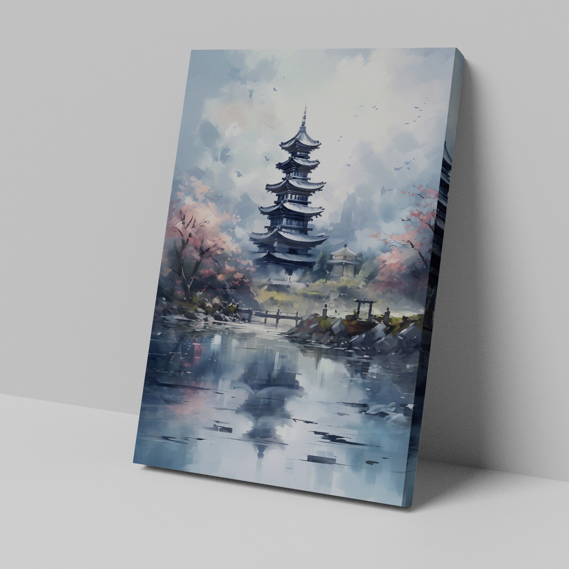 Framed canvas print of an impressionist painting showing a pagoda and cherry blossoms with reflections in water