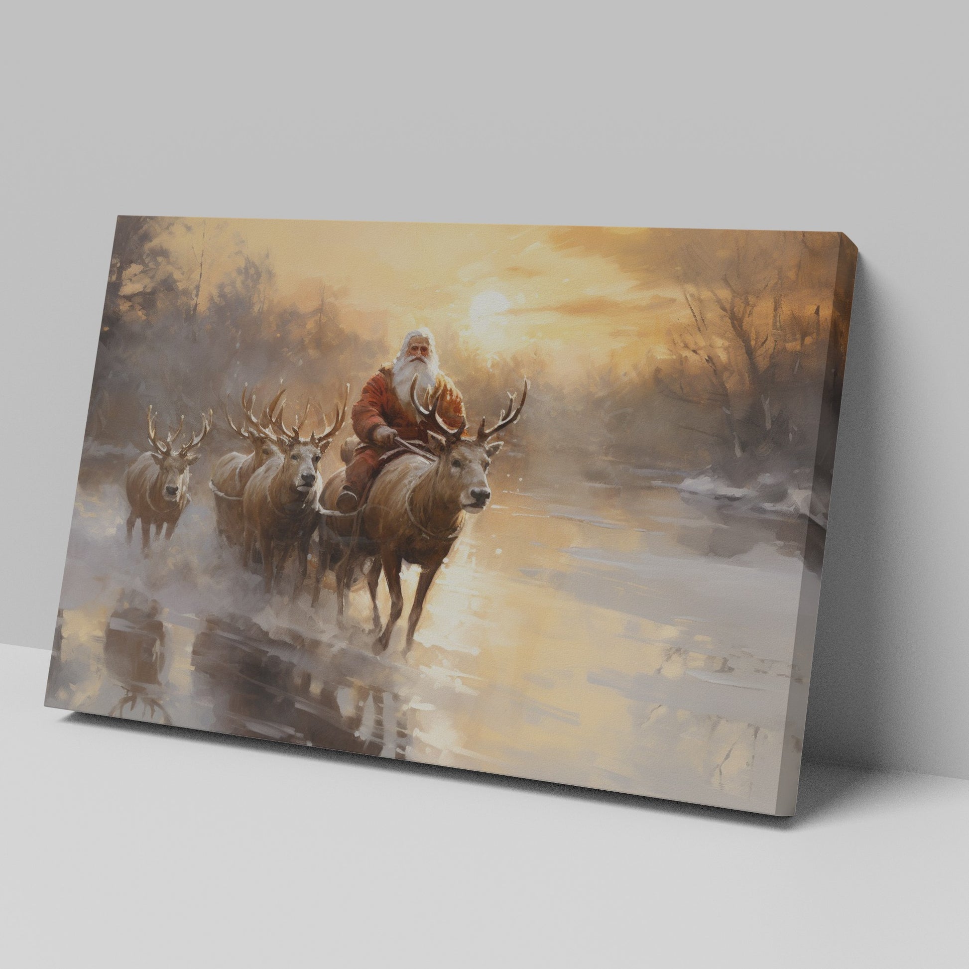 Framed canvas print of Santa Claus with reindeer in a winter sunset landscape