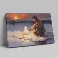 Framed canvas print of a person building a snowman at sunset with a winter landscape