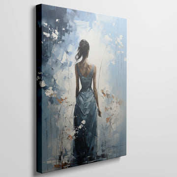 Framed canvas print of a woman in a teal dress with abstract floral background