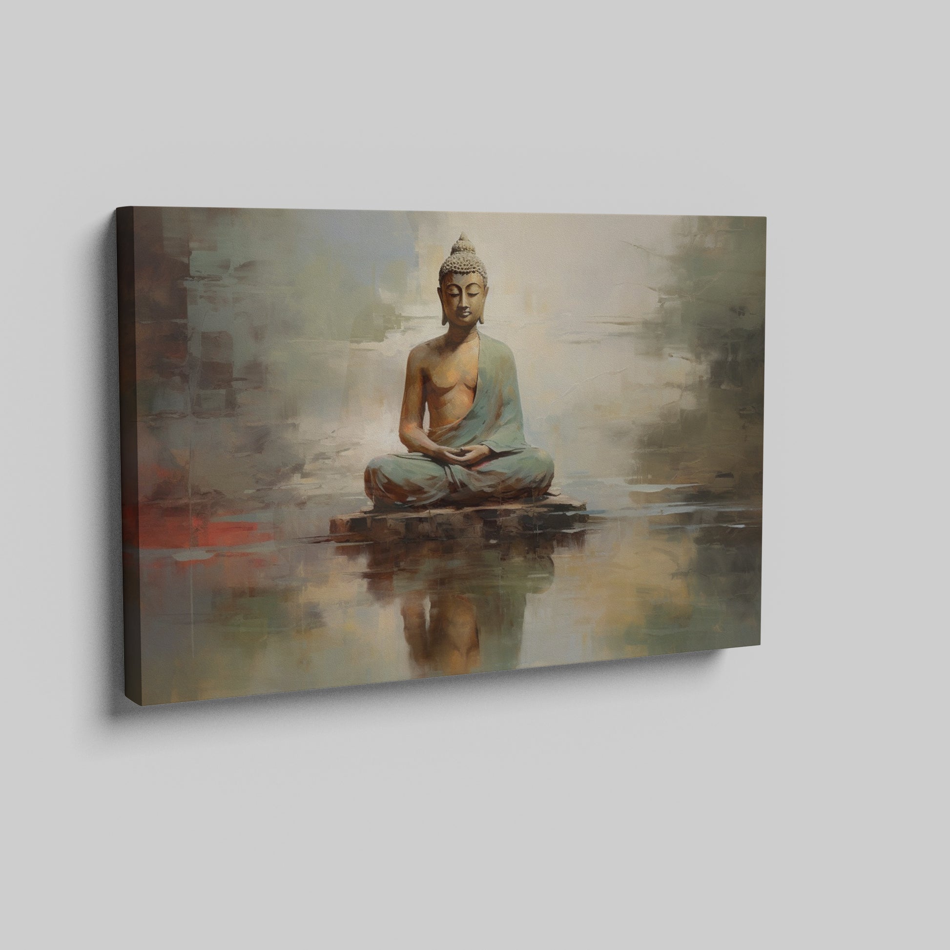 Framed canvas print of a meditative Buddha in warm tones with a reflective water effect