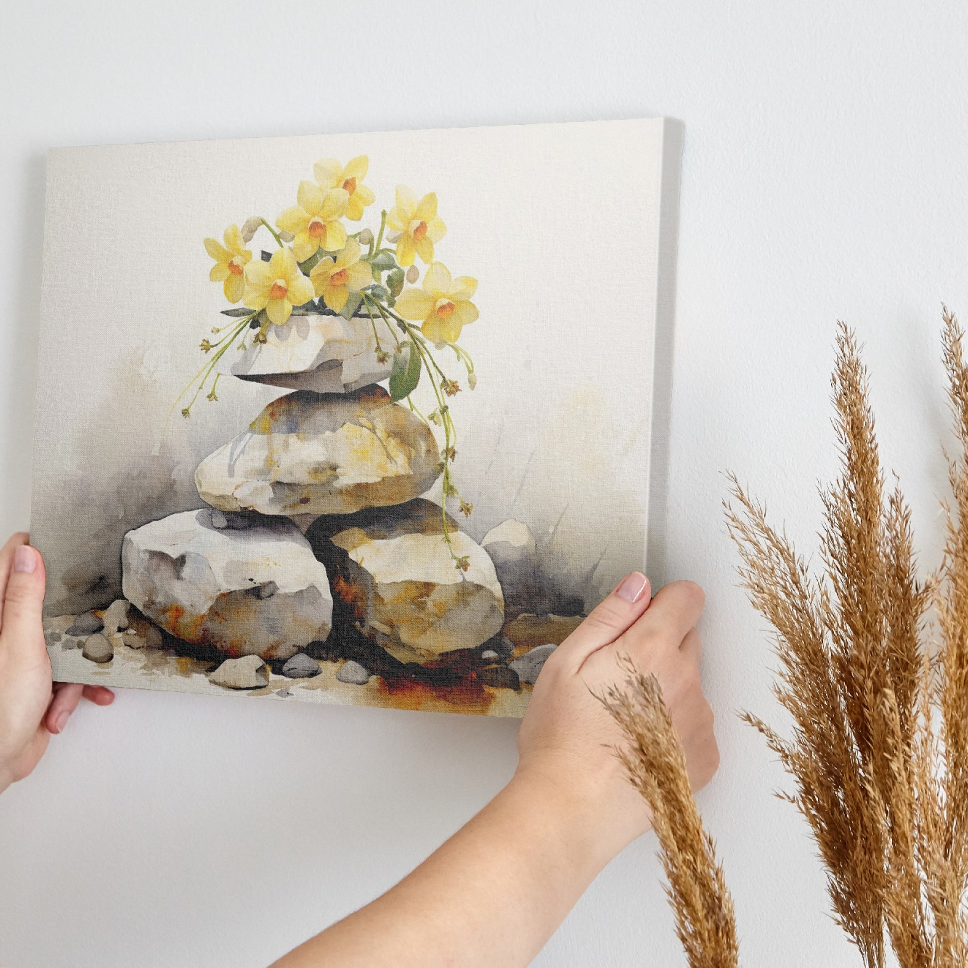 Framed canvas print of a Zen garden scene with watercoloured flowers and stones