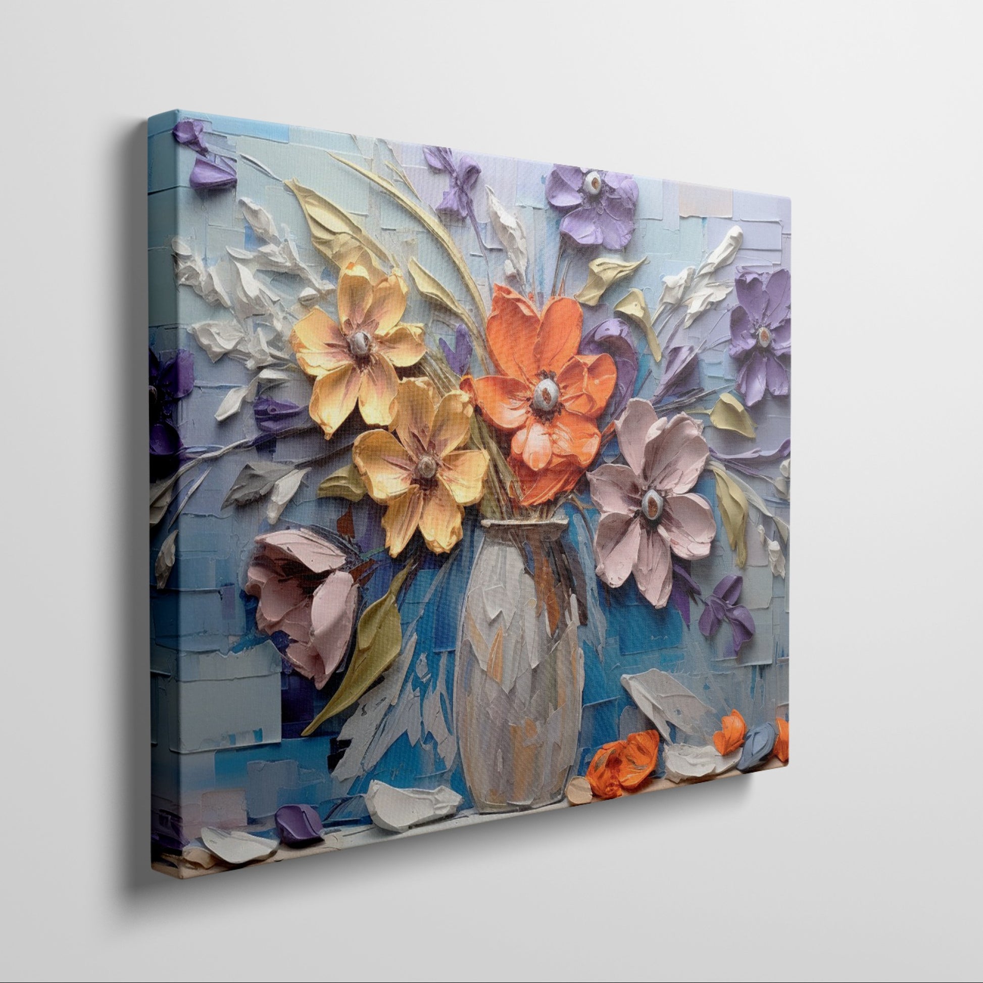 Framed canvas print of embossed and textured colourful flowers in impasto style