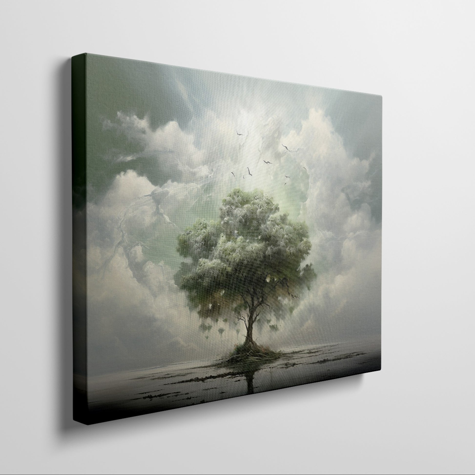 Framed canvas print of a surreal tree floating above a calm lake with birds and ethereal clouds