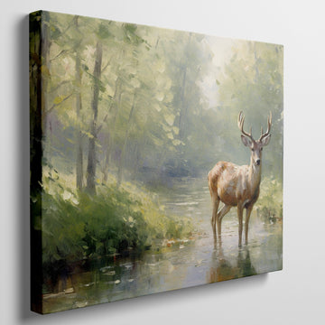 Framed canvas print depicting an impressionistic scene of a deer in a lush green forest with sunlight filtering through