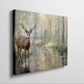 Framed canvas print of a deer standing beside a forest stream in impressionist style