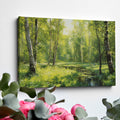 Framed canvas print of a lush forest scene with birch trees and a stream with sunlight filtering through green leaves