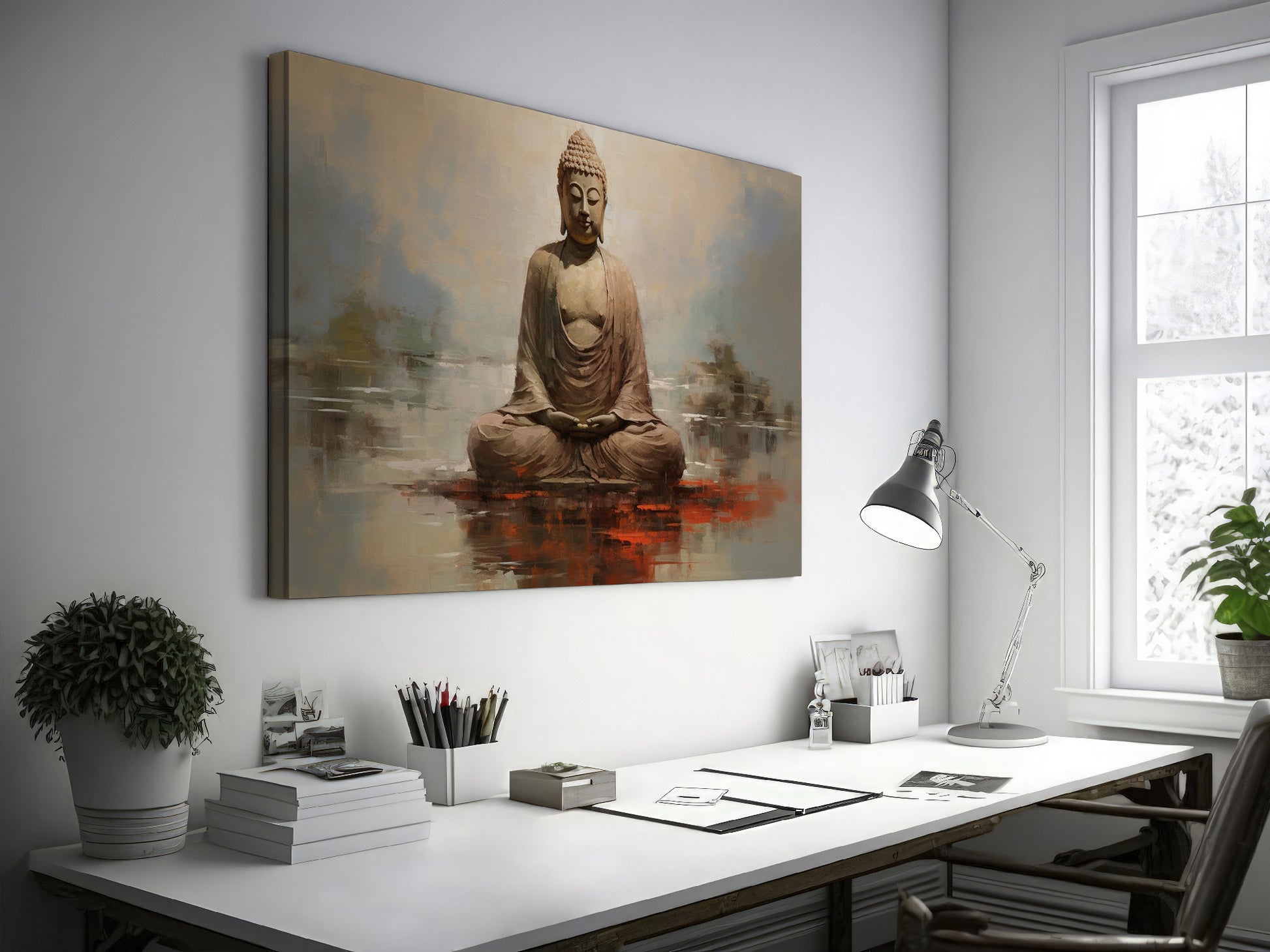 Framed canvas print of a meditative Buddha statue in warm earthy tones