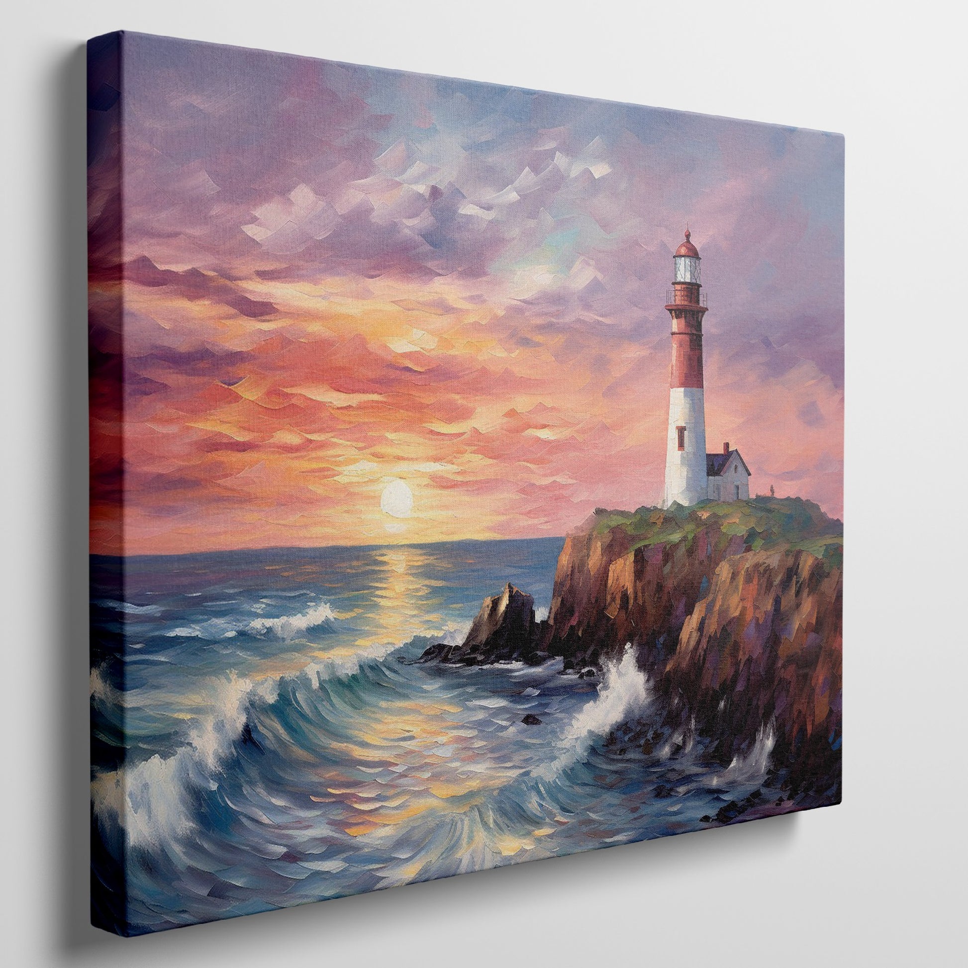 Impressionist painting of a lighthouse at sunset with vibrant red and blue tones and dynamic waves