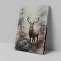 Framed canvas print of a majestic stag in a misty woodland watercolor painting