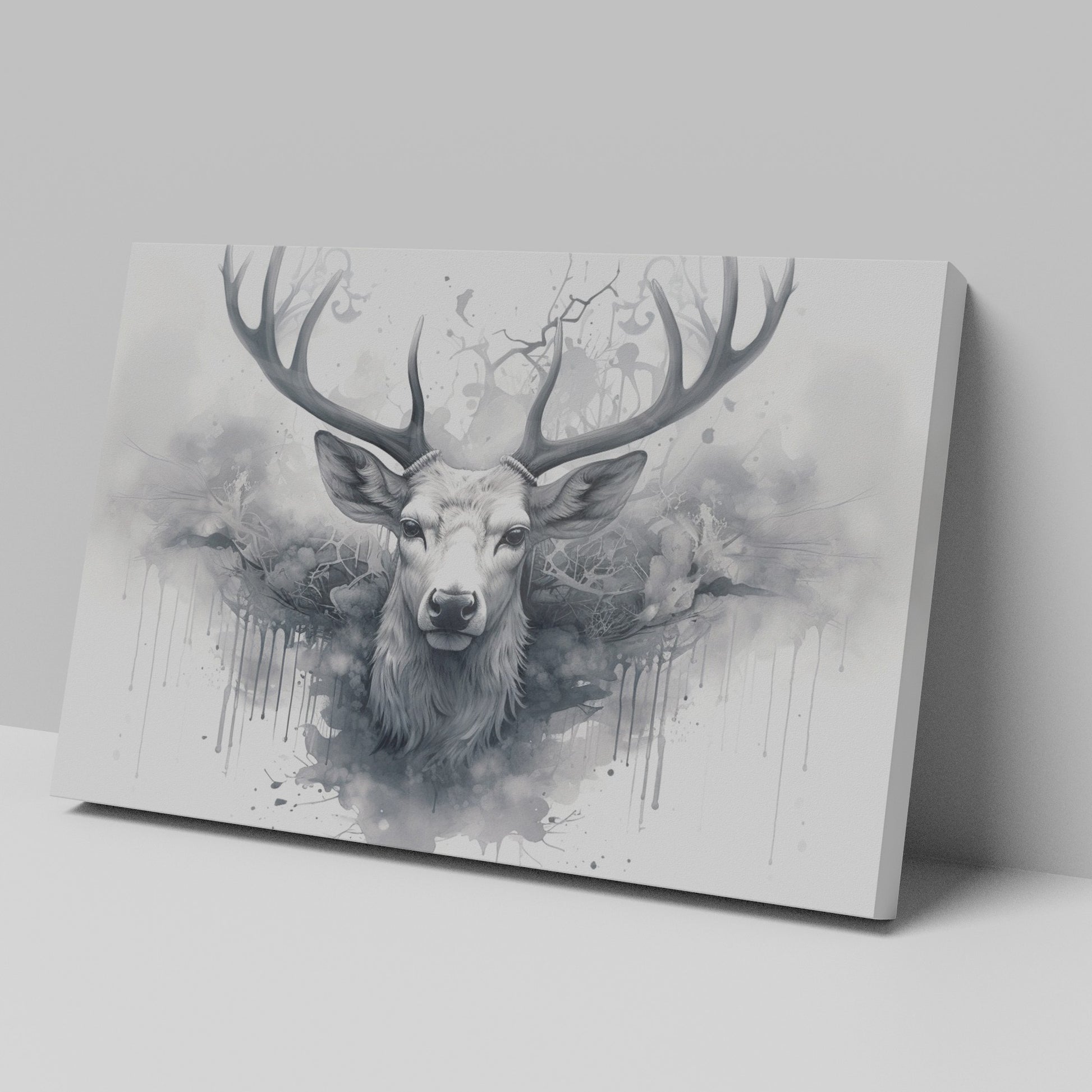 Framed canvas print of a mystical monochrome stag with abstract ink splash design