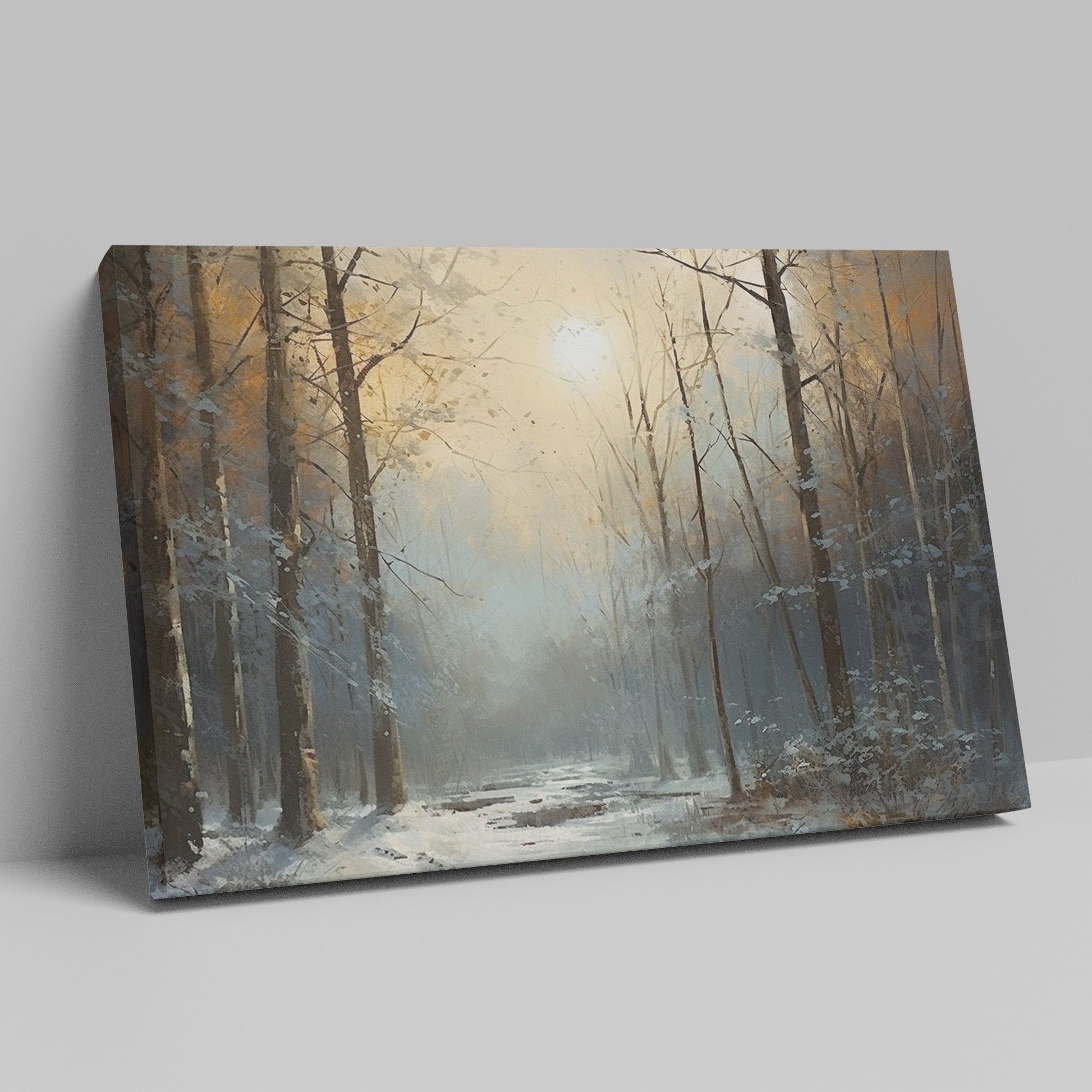 Framed canvas print of a tranquil snowy forest glade with soft dawn light filtering through the trees