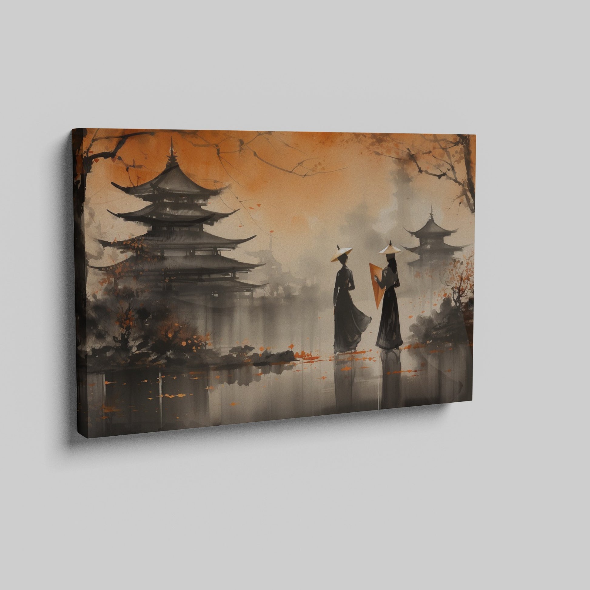 Framed canvas print of Oriental landscape with autumn pagodas and figures in traditional attire