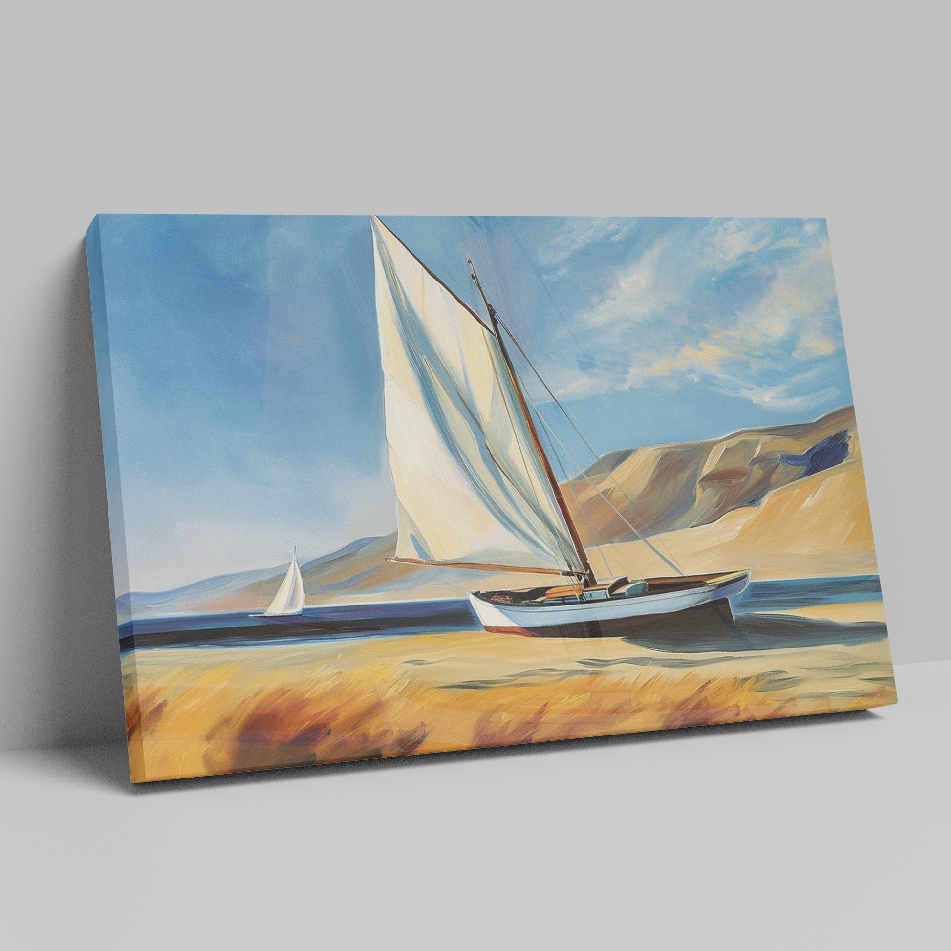 Framed canvas print of sailing boats with white sails against a backdrop of blue skies and dunes