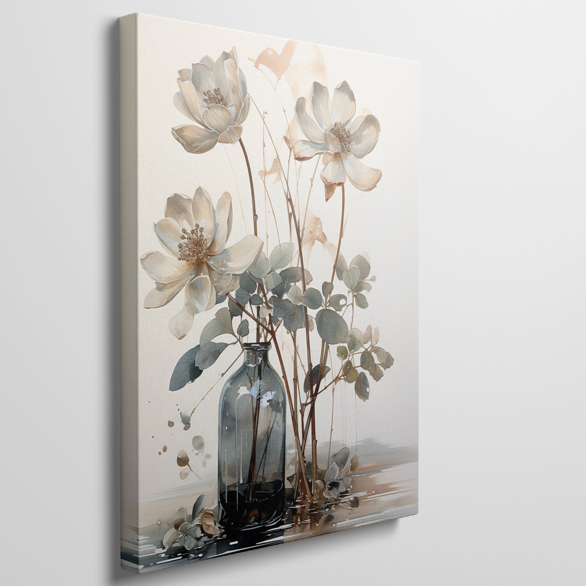 Framed canvas print of watercolor flowers in a glass vase with soft beige and brown tones