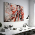 Framed canvas print of a traditional Japanese woman in ethereal watercolour style