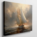 Framed canvas print of a classic sailing ship gliding through the ocean at sunset, with warm golden and amber tones in the sky