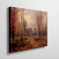 Framed canvas print of a traditional autumn forest landscape with a country house and warm red and brown tones