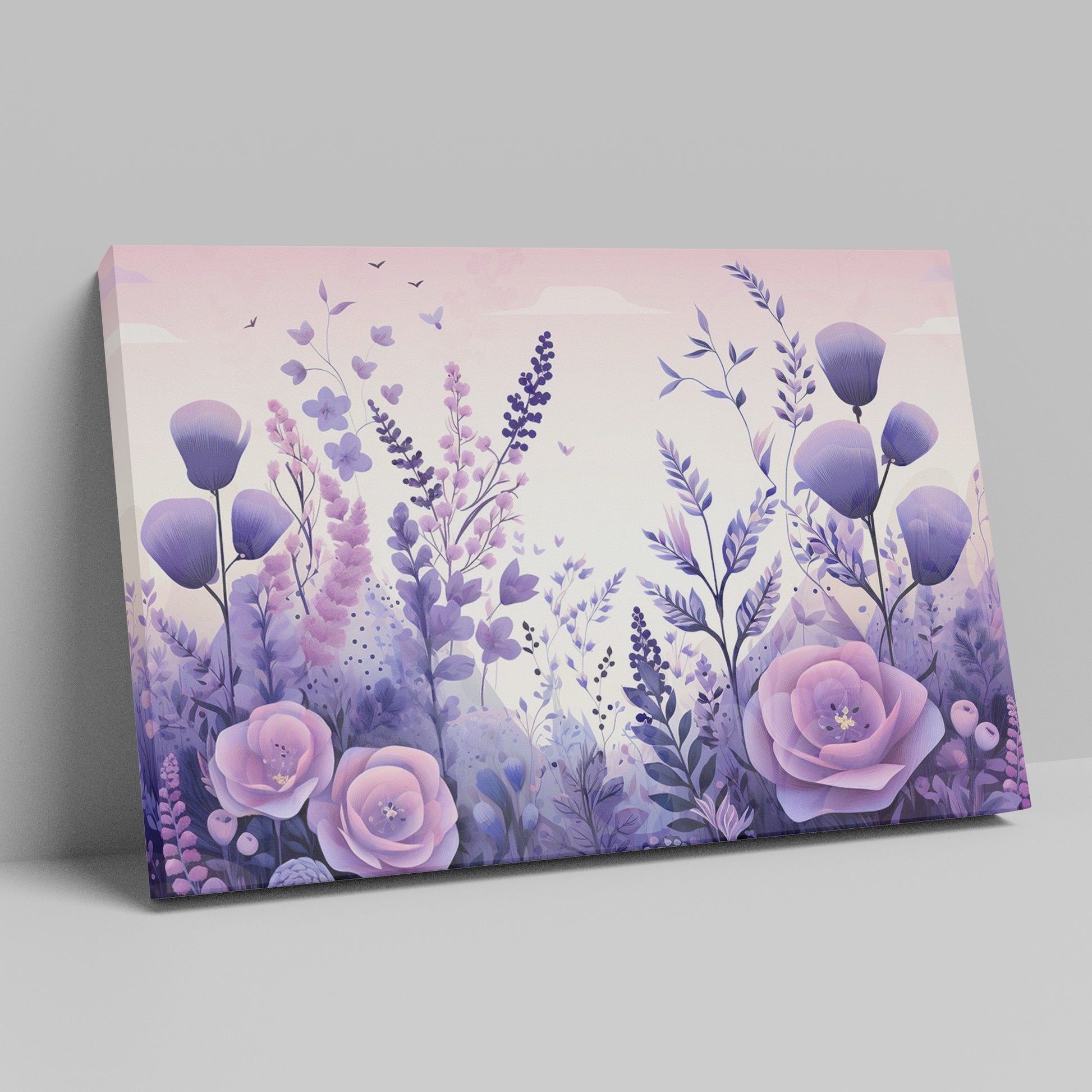 Framed canvas print of stylised floral meadow with pastel purple and pink tones