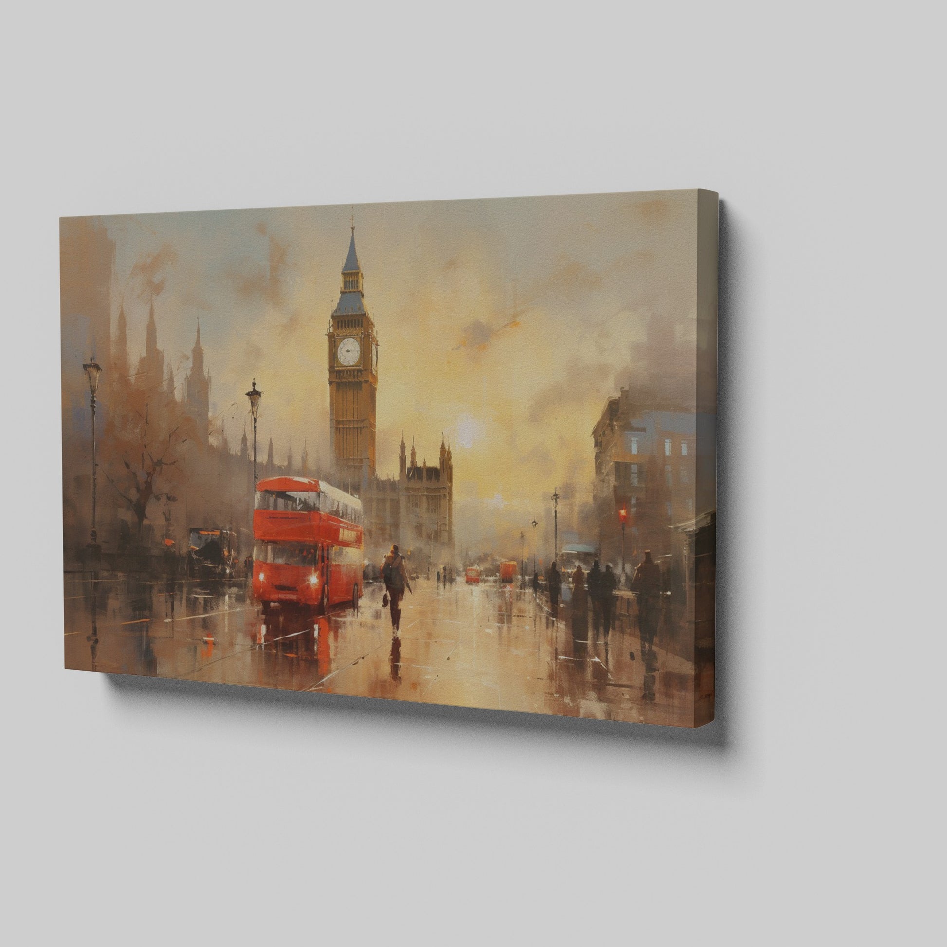 Framed canvas print of an impressionistic London cityscape featuring Big Ben and a red double-decker bus at sunset