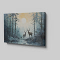 Framed canvas print of a serene forest scene with deer and sunset reflection