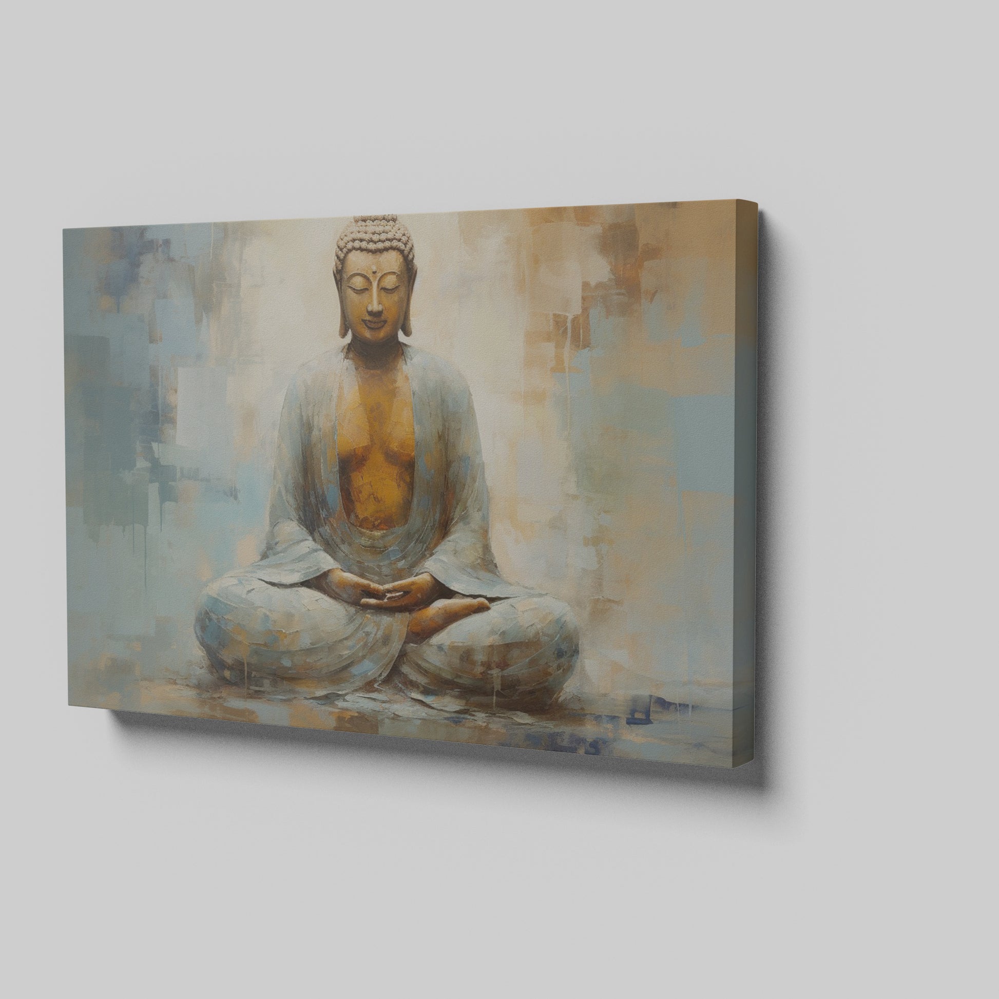 Framed canvas print of a serene Buddha in meditation with abstract elements and warm colour palette