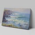 Framed canvas print of a vibrant impressionist seascape with cliffs and ocean waves