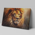 Framed canvas print of a resplendent lion with a fiery mane in earthy tones