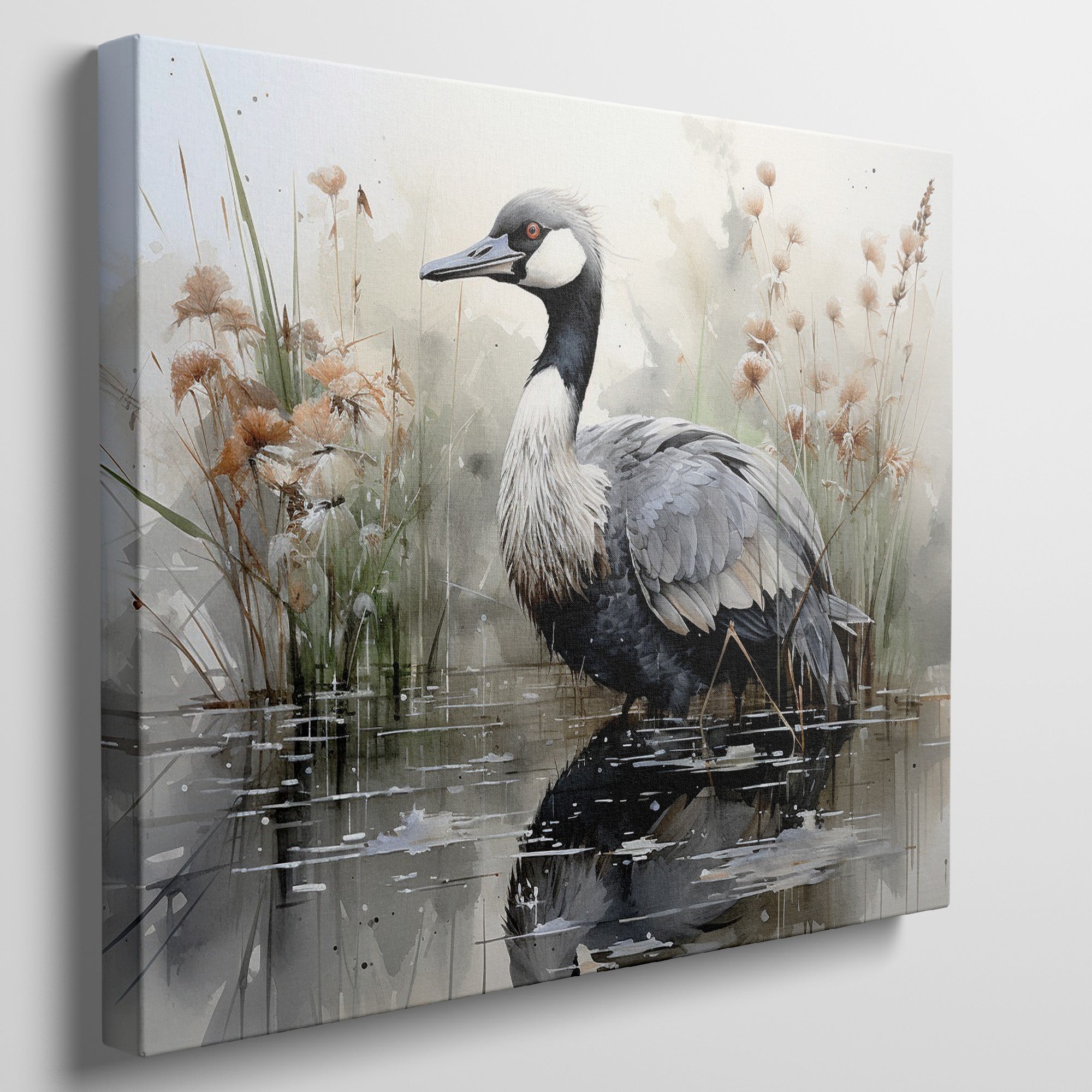 Framed canvas print of a crane amongst reeds in a watercolor wetland scene with neutral tones