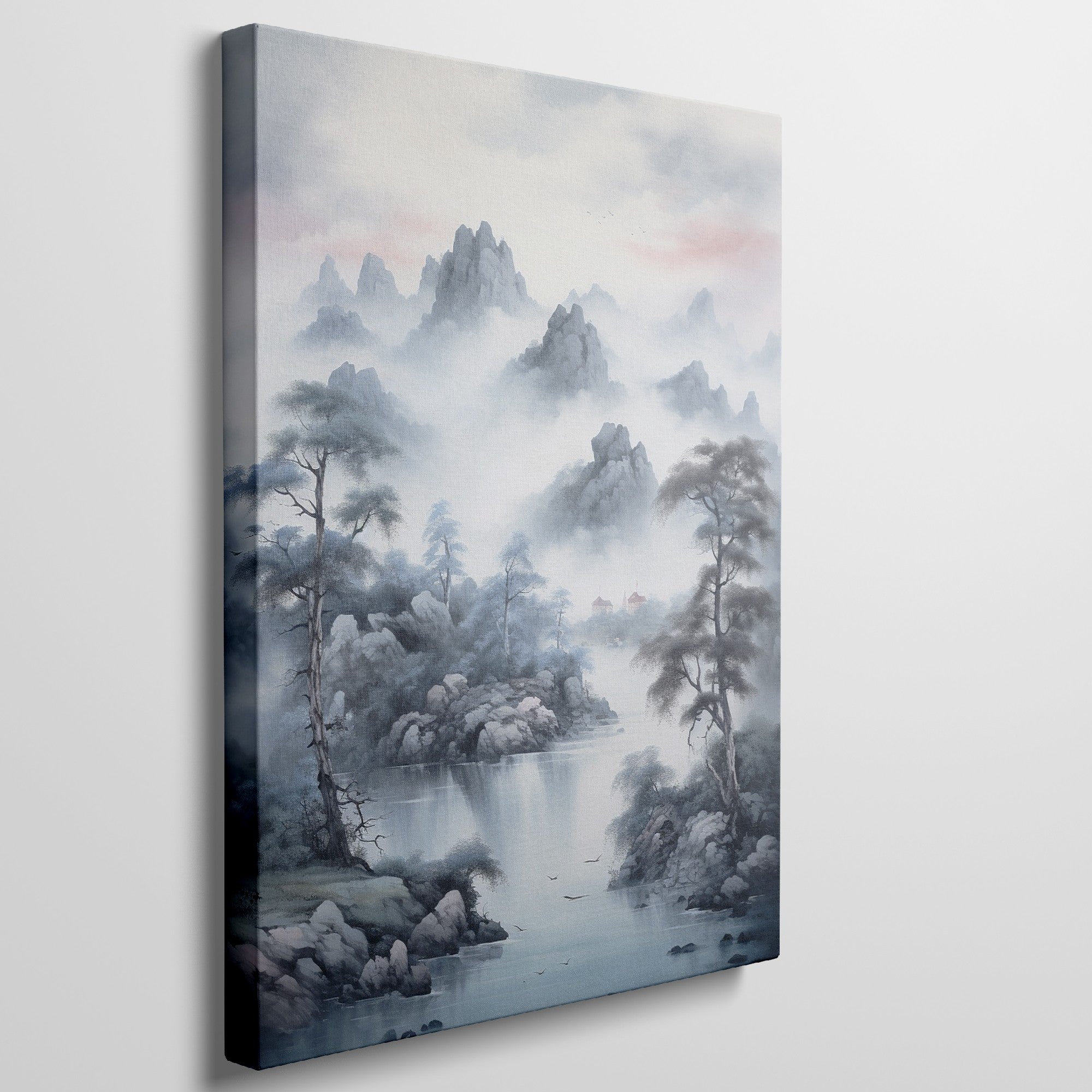 Framed canvas print of traditional Chinese landscape with misty mountains, pine trees, and lake