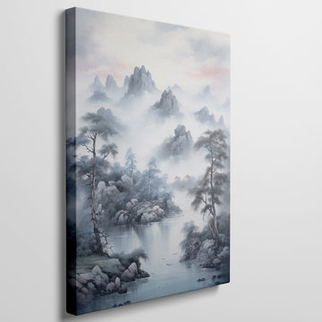 Framed canvas print of traditional Chinese landscape with misty mountains, pine trees, and lake