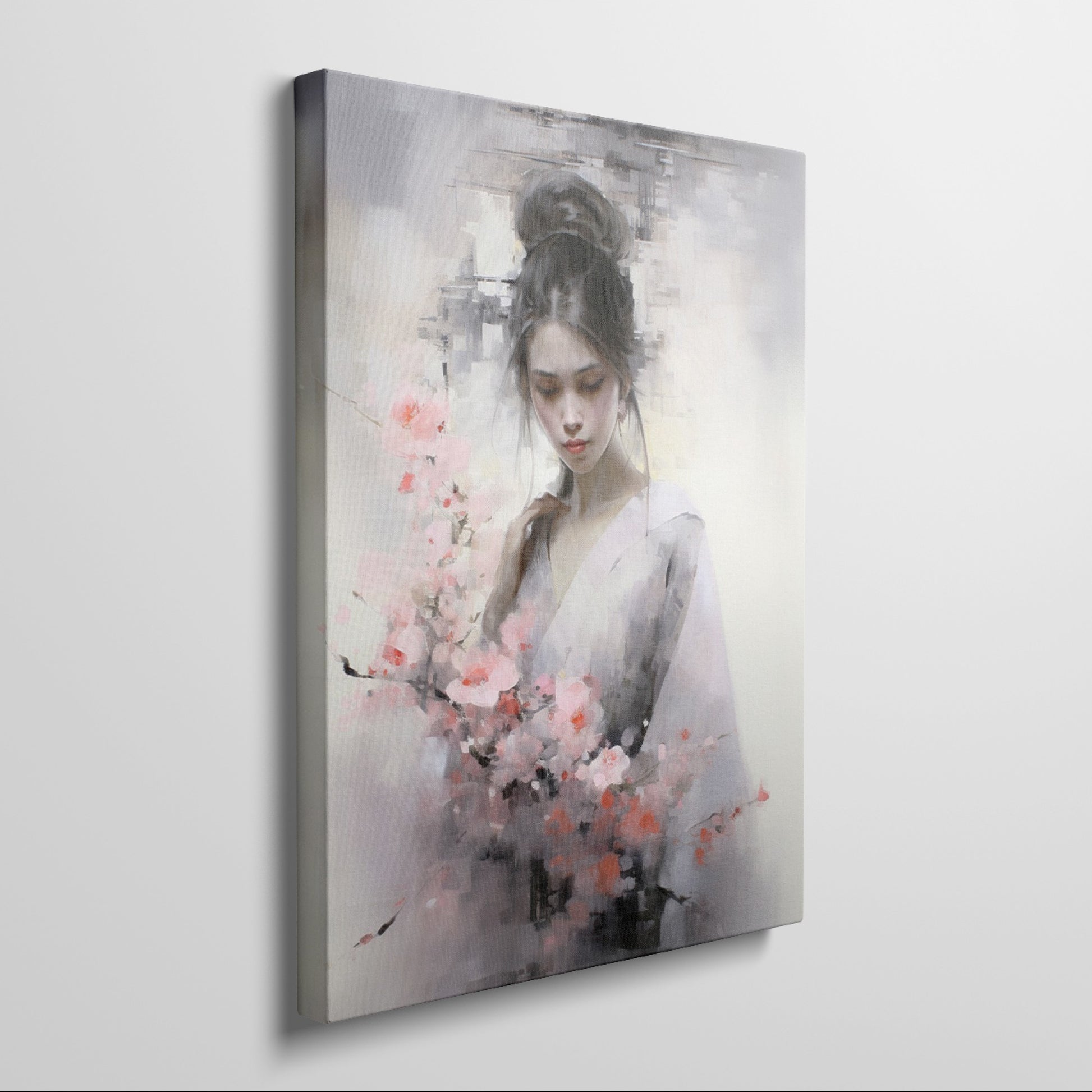 Framed canvas print of an elegant figure with cherry blossoms in soft pastel tones