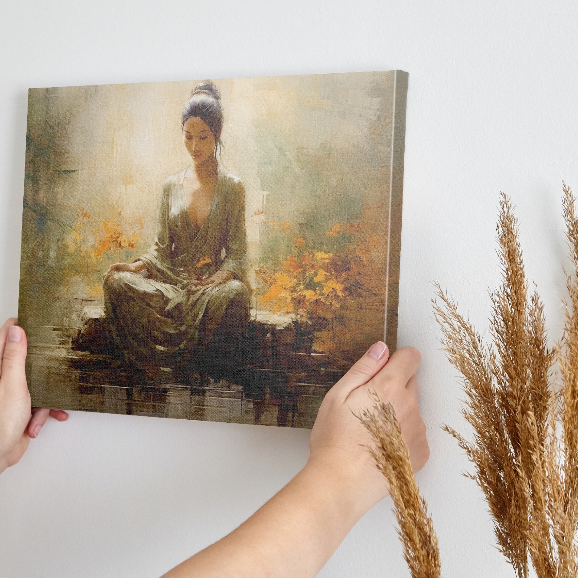 Framed canvas print of a meditative woman in peaceful surroundings with warm, autumnal colors