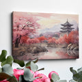 Framed canvas print of a traditional Asian cherry blossom landscape with pagodas and a serene river