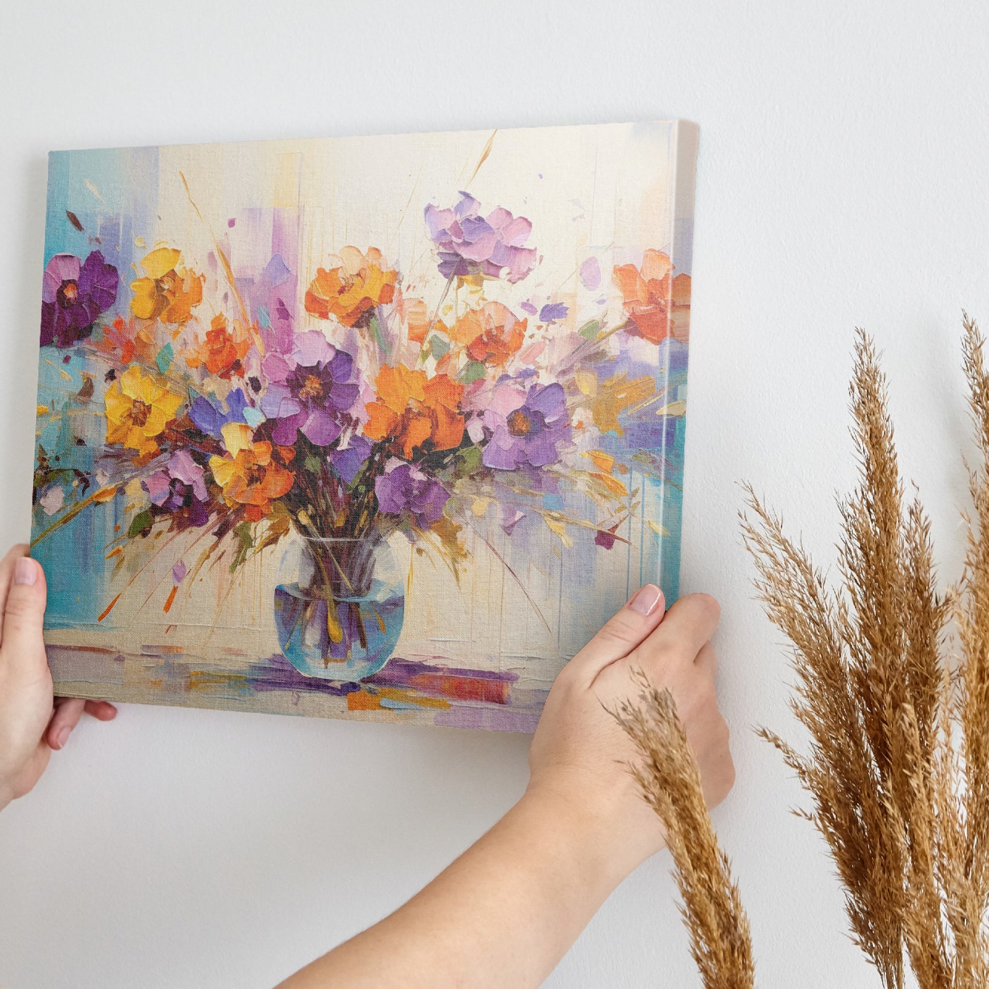 Framed canvas print of lively impressionist floral bouquet with vibrant purples, oranges, and yellows