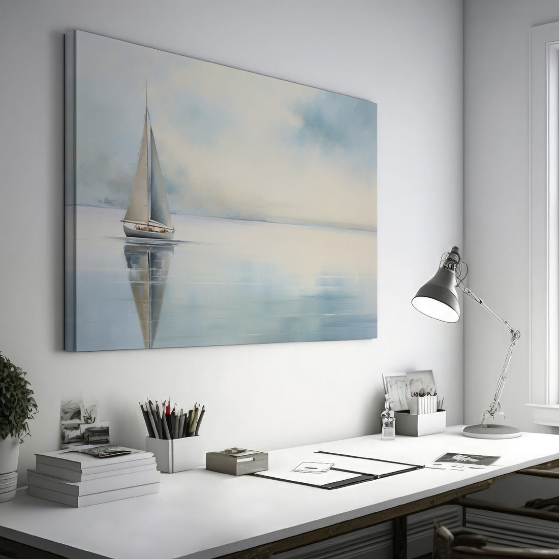 Framed canvas print of a serene sailboat with reflection on tranquil blue water