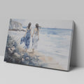 Watercolor painting of two women in blue and white dresses walking along a seaside cliff with a calm ocean backdrop