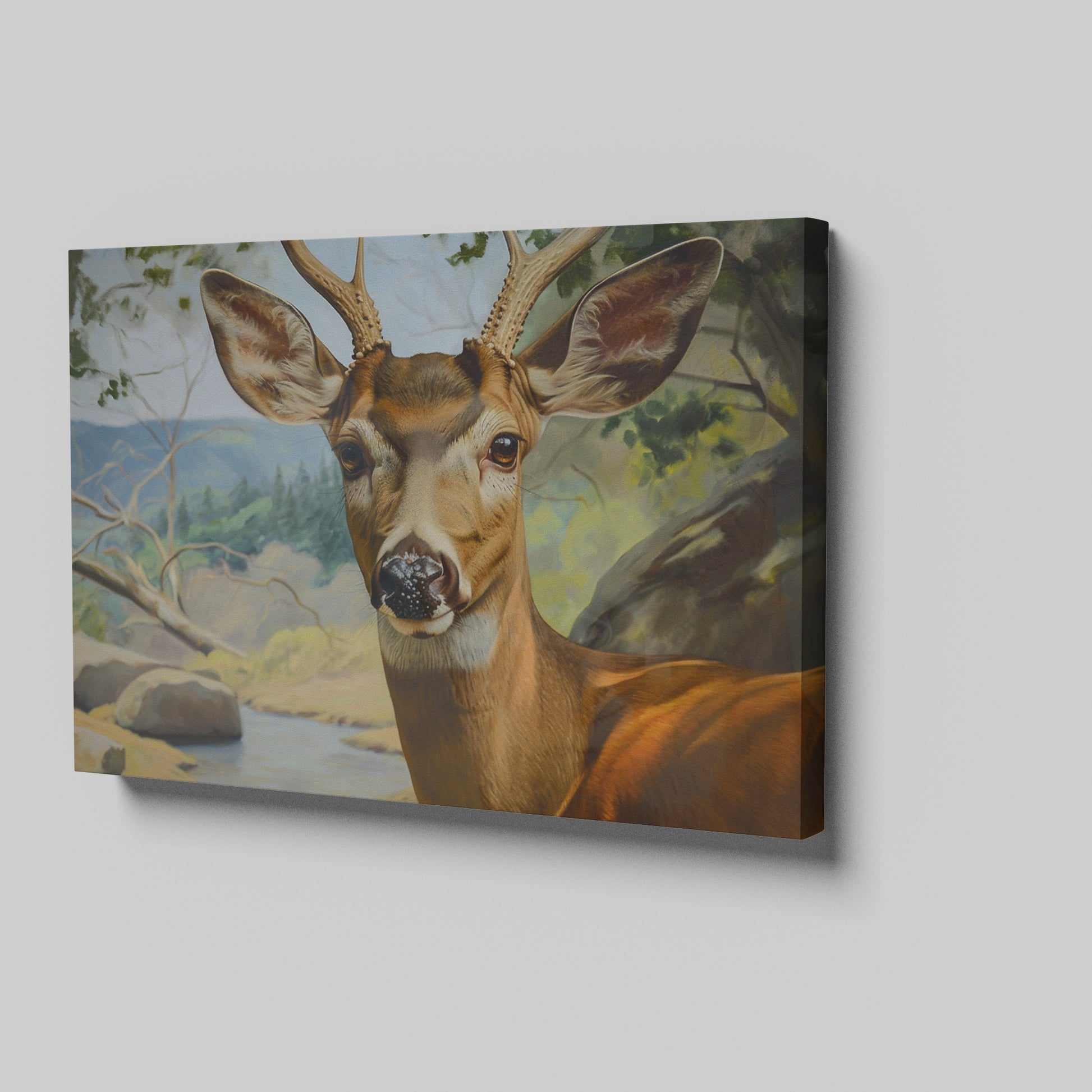 Framed canvas print of a realistic deer portrait with an endearing expression set against a detailed forest landscape