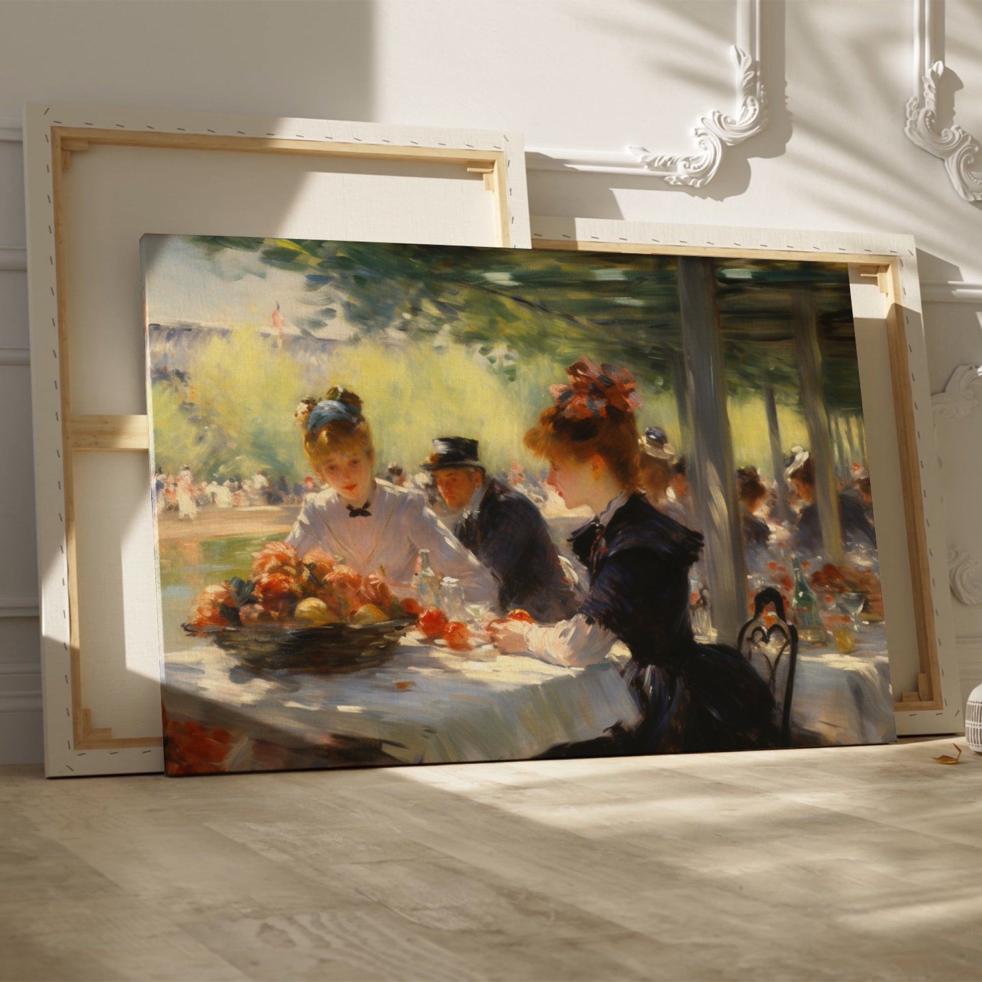 Framed canvas print of a 19th-century Impressionist dining scene with figures in elegant attire.