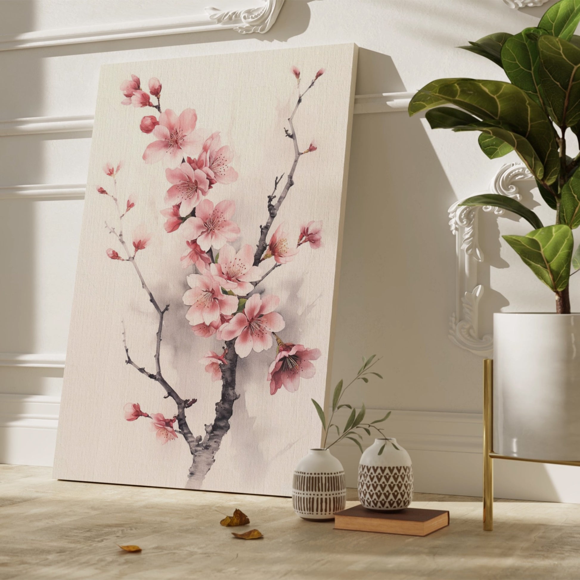 Framed canvas print of a delicate cherry blossom watercolour painting in soft pink hues